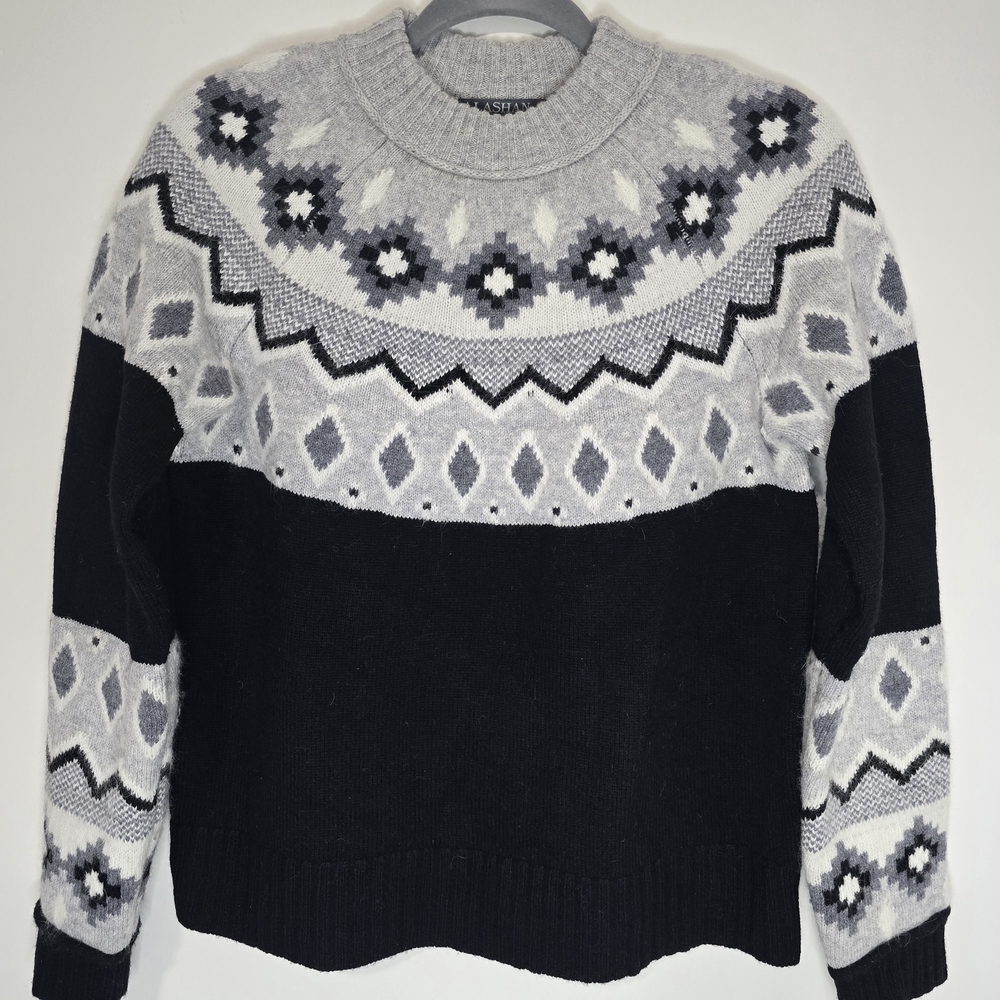 Fair Isle Merino Wool Angora Sweater Alashan Black Gray Nordic Yoke XS